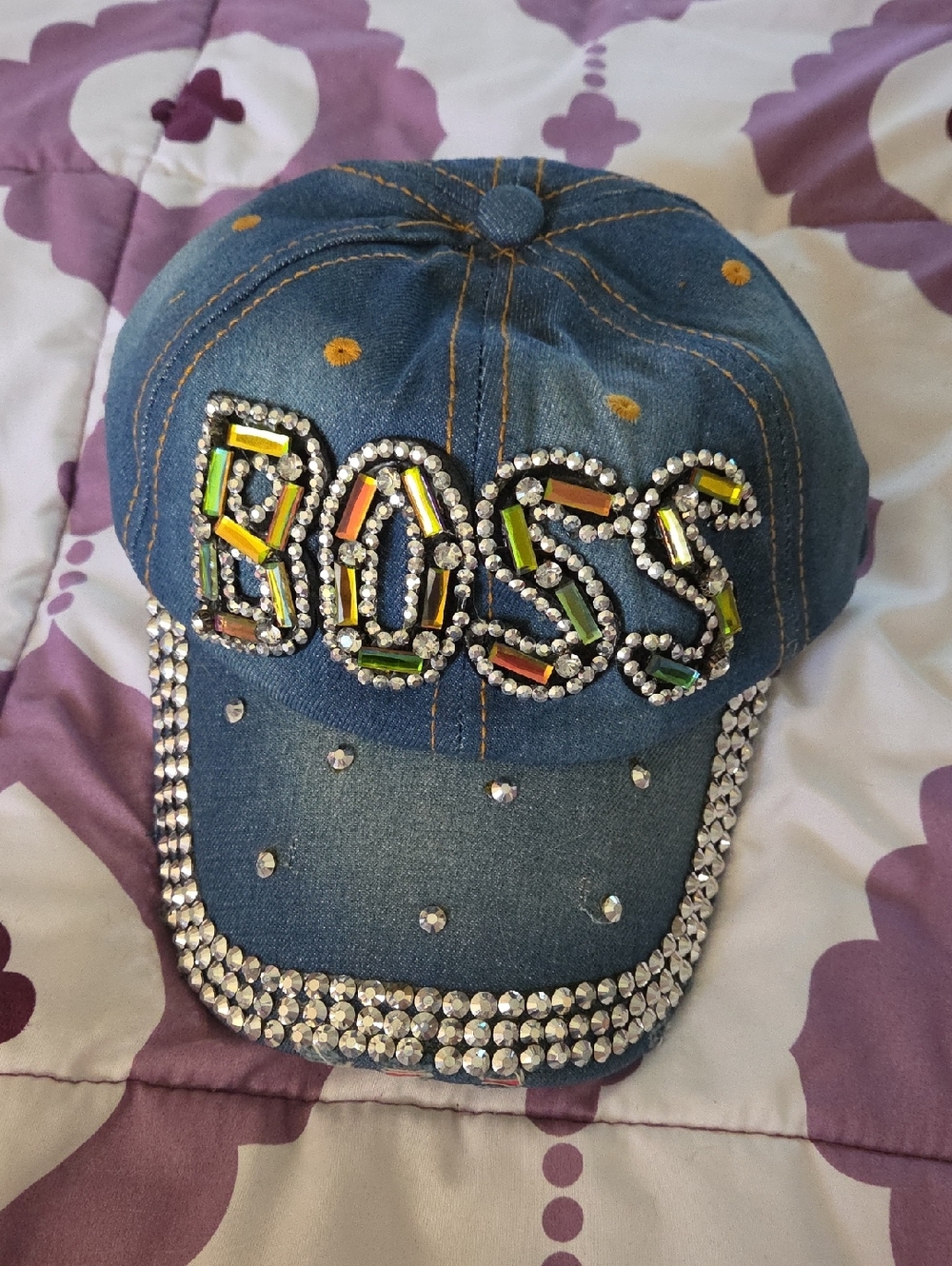 Denim 'BOSS' Crystal-Embellished Baseball Cap - Blue